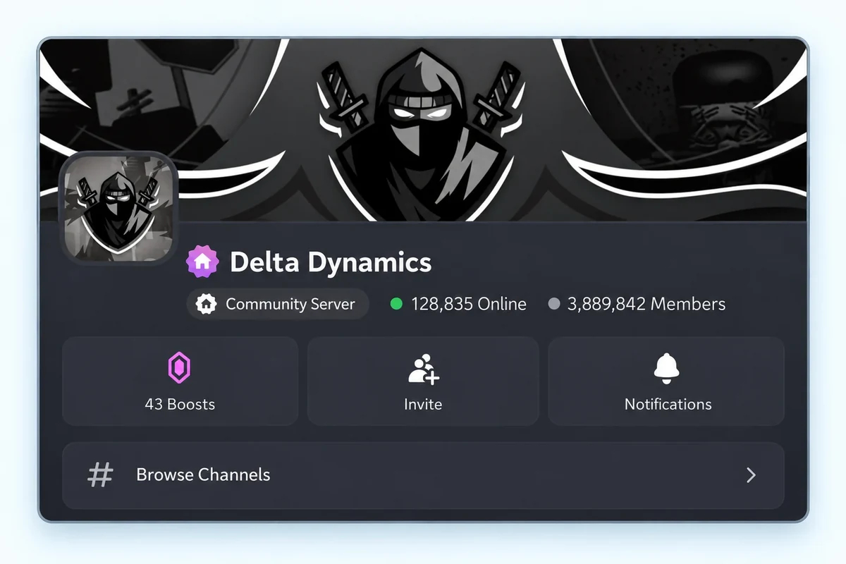 Perfil do servidor do Delta Dynamics no Discord, com seu banner de ninja e controles da comunidade