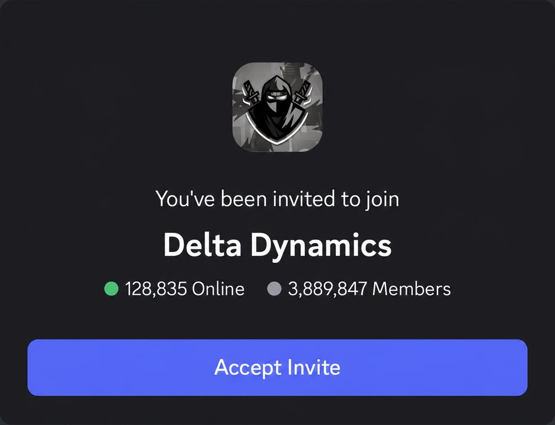 Convite para o Discord do Delta Dynamics, com 128.835 usuários online e 3.889.847 membros