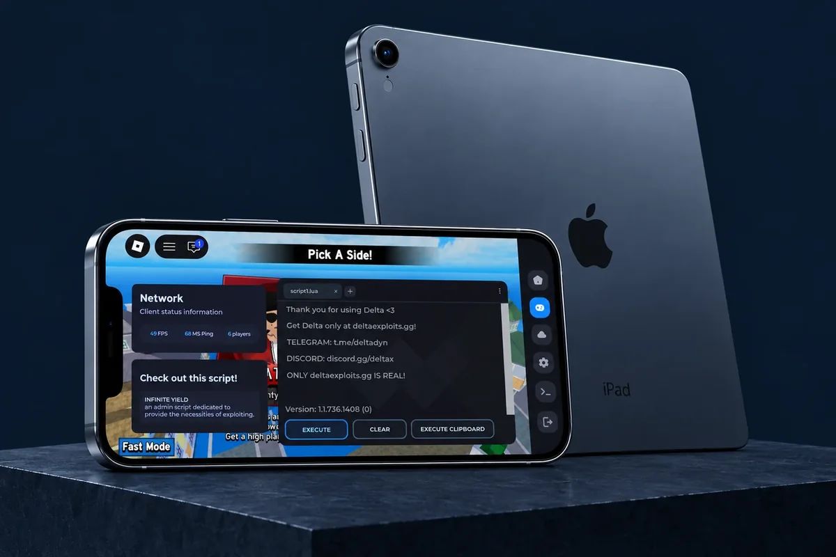 Interface Delta em um iPhone na orientação paisagem, em frente a um iPad