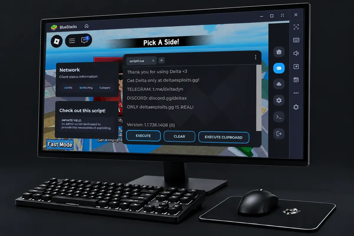 Interface do Delta para Android em execução em um emulador BlueStacks em um monitor de desktop