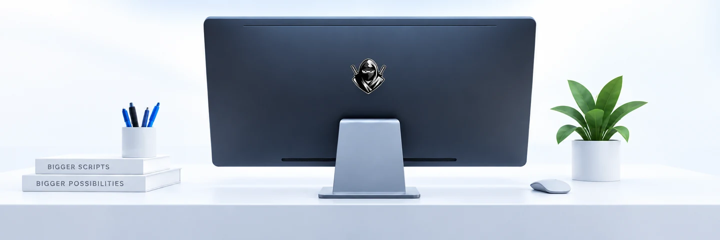 Um monitor de computador, artigos de papelaria e uma planta sobre uma mesa branca